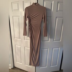 Abyss By Abby Long-Sleeve Ruched Maxi Dress in Taupe